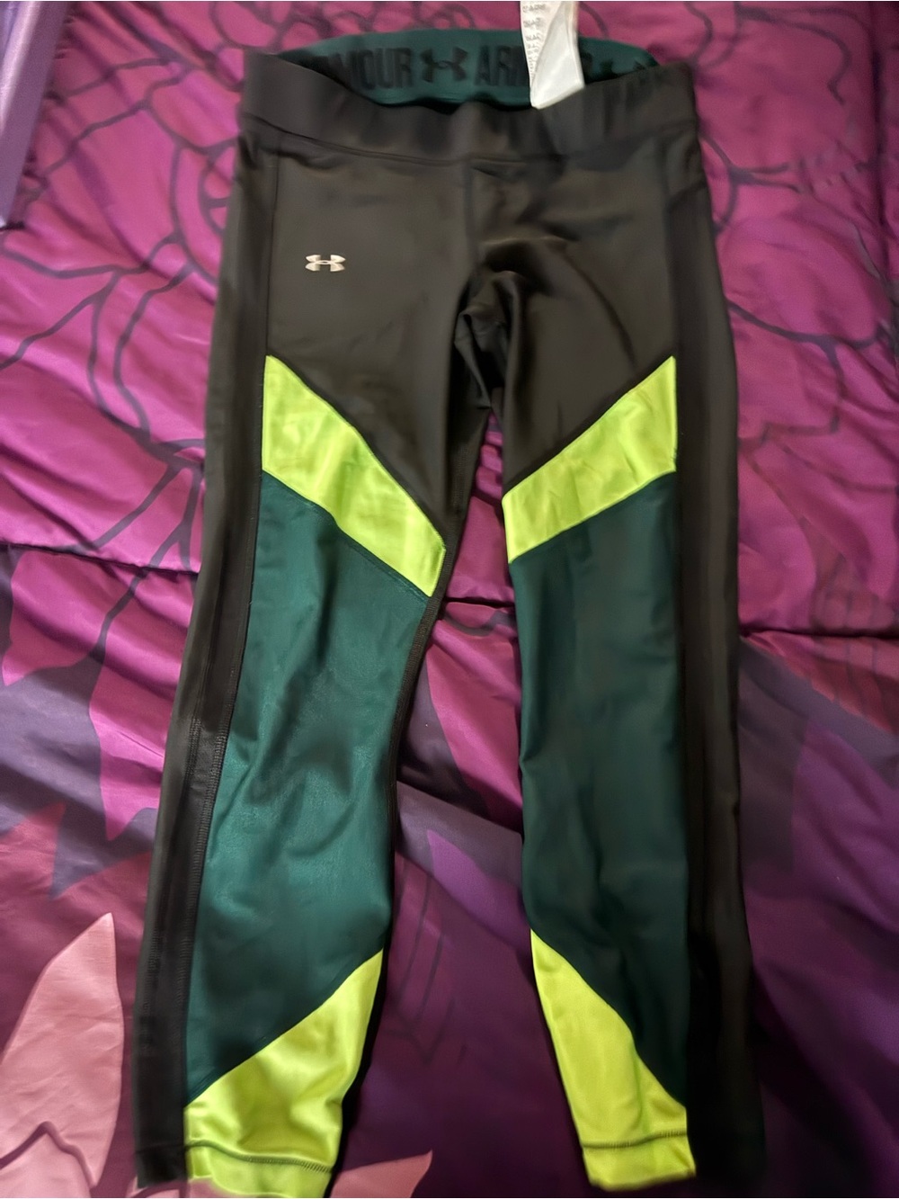Under Armour Black, Green and Neon Yellow Girls' Performance Leggings
